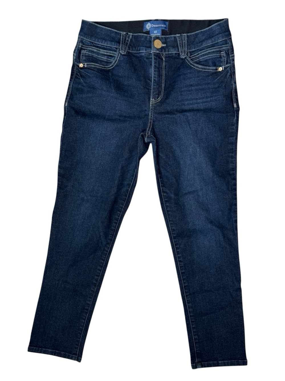 Democracy Absolution Dark-Wash Skinny Jeans 10 Ankle Raw Hem Tummy Control